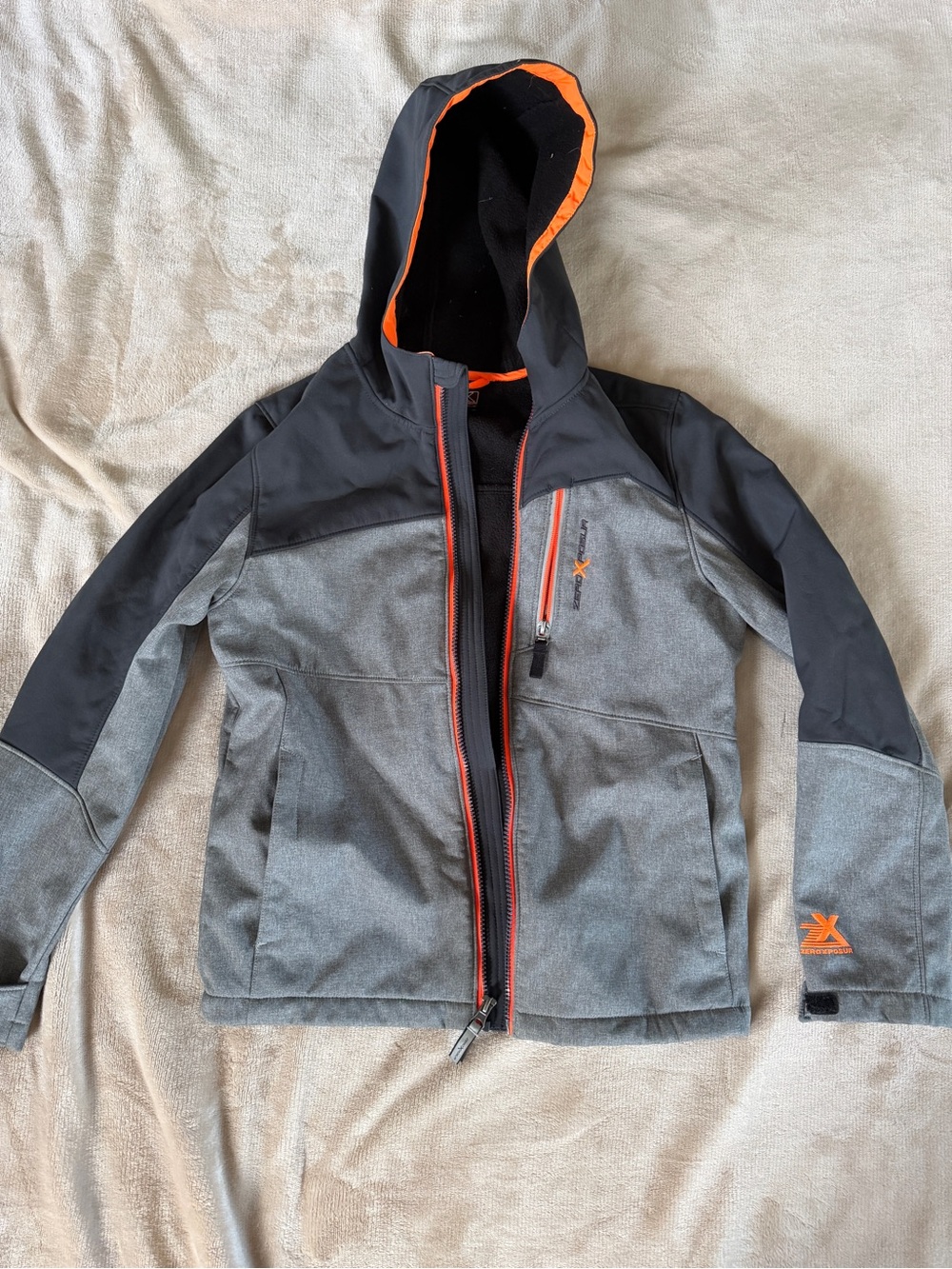 ZeroXposur Gray and Orange Kids Hooded Softshell Jacket